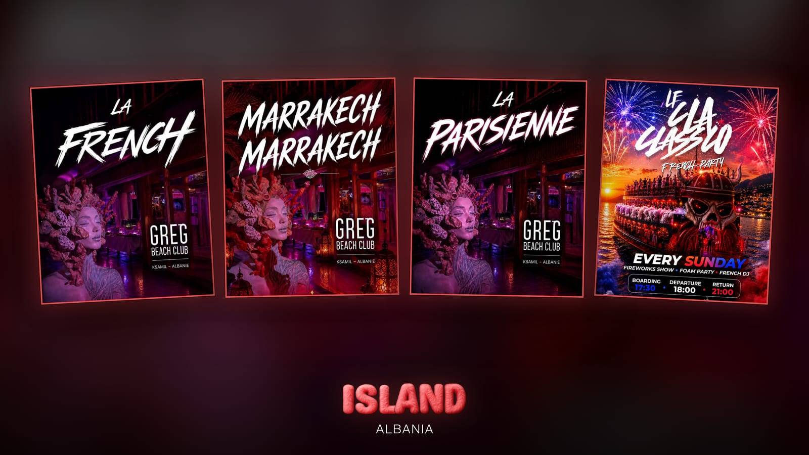 Official posters of the four French nights on this site in 2026: La French, Marrakech, La Parisienne and Le Classico, with the Party Island Albania logo