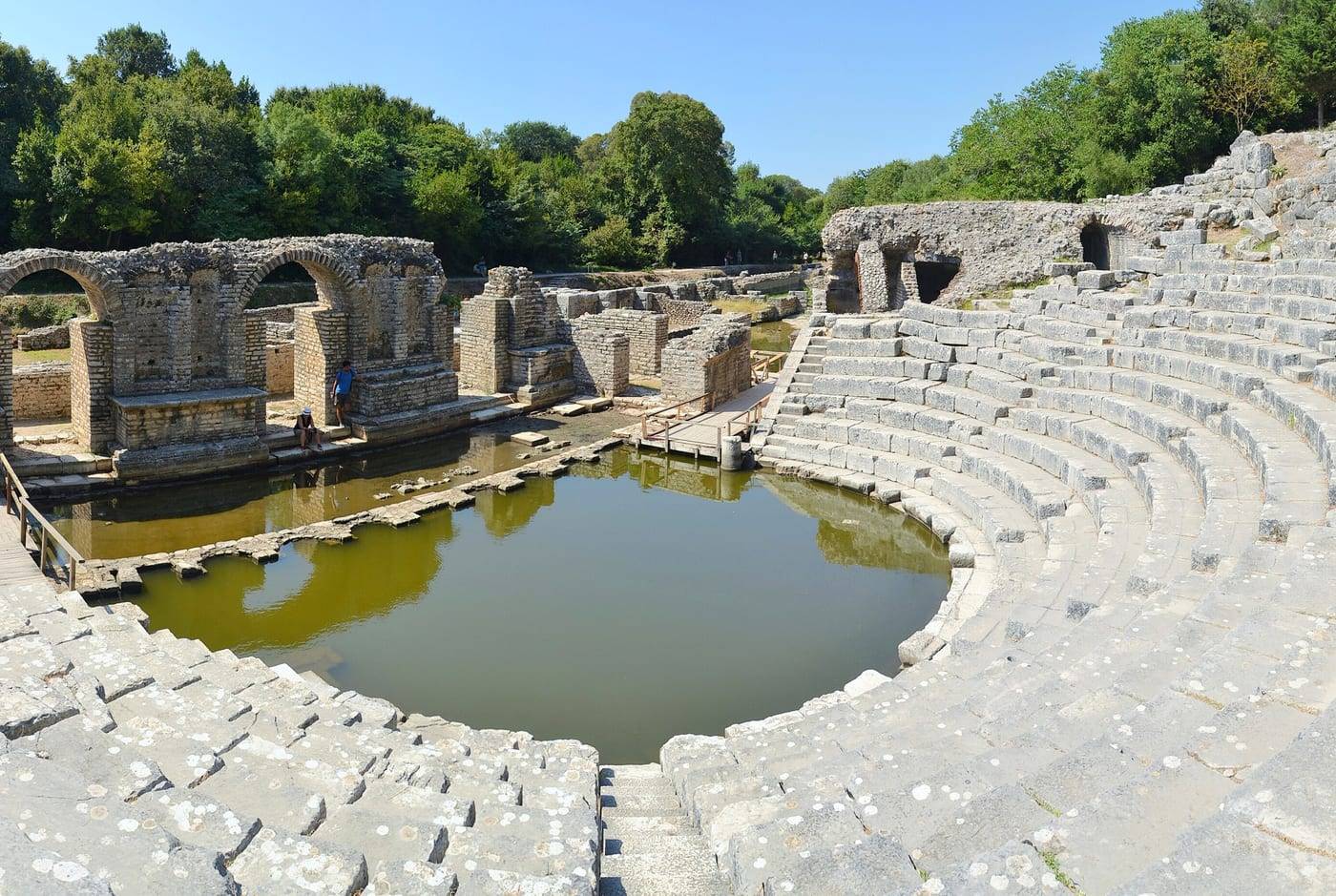 The ancient theatre of Butrint with water in the orchestra, Butrint National Park, near Ksamil