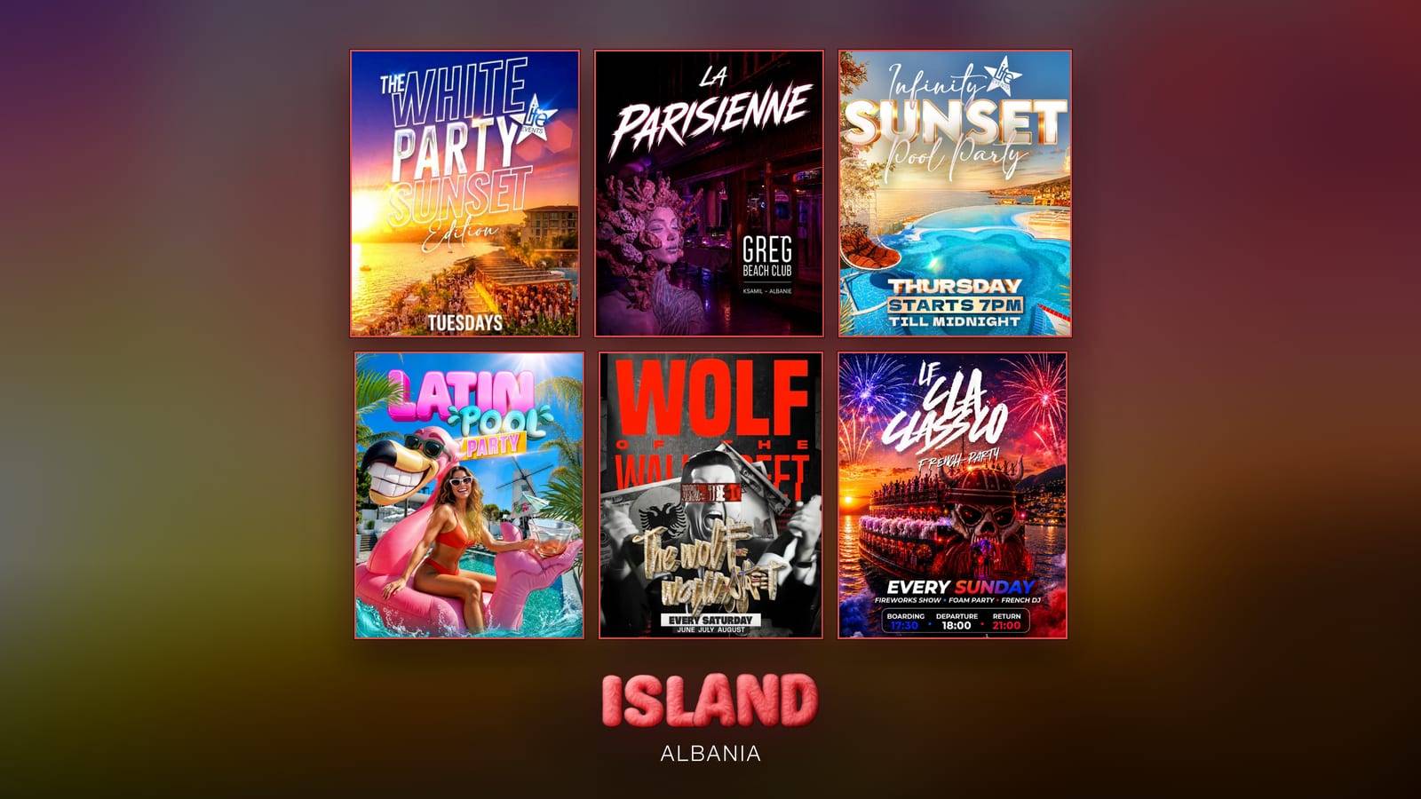 Official posters of one 2026 night for each day from Tuesday to Sunday in Saranda and Ksamil, with the Party Island Albania logo